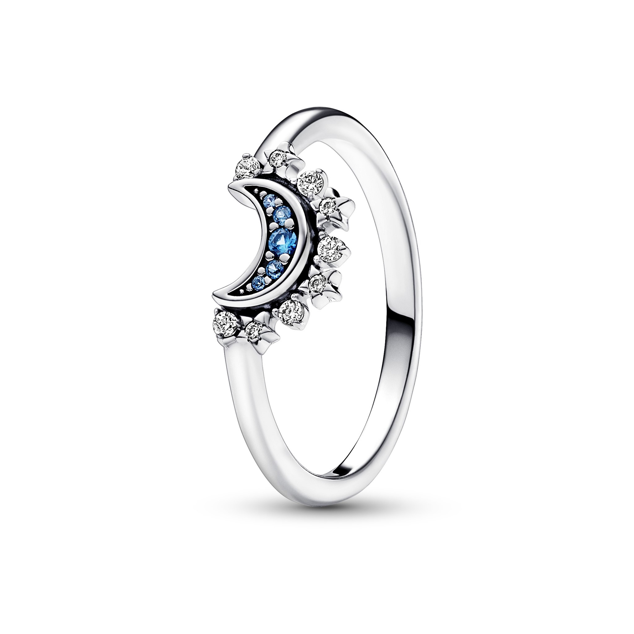 Celestial moon sterling silver ring with night blue crystal