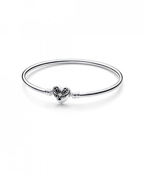 Sterling silver bangle with heart clasp and clear cubic zirc