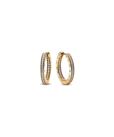 PANDORA LOGO 14K GOLD-PLATED HOOP EARRINGS WITH CLEAR CUBIC